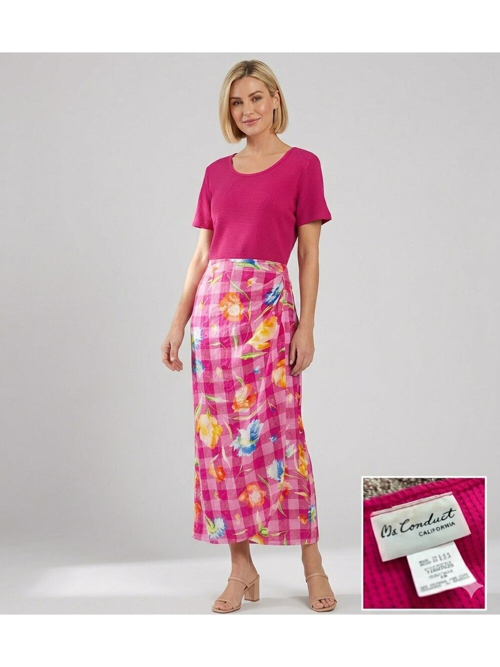 Vintage Ms. Conduct California Pink Floral Gingham Maxi Dress‎ 16 (Fits size L)